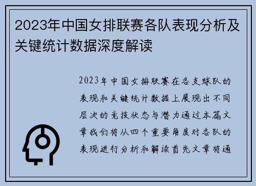 2023年中国女排联赛各队表现分析及关键统计数据深度解读