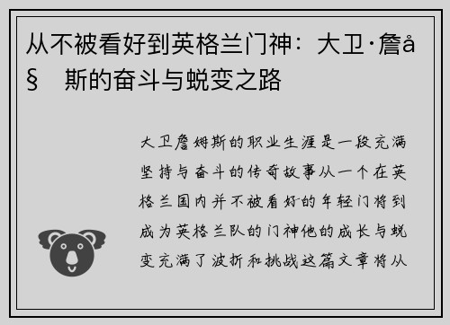 从不被看好到英格兰门神：大卫·詹姆斯的奋斗与蜕变之路