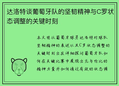 达洛特谈葡萄牙队的坚韧精神与C罗状态调整的关键时刻